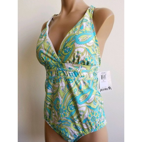 Athena Womens One Piece Swimsuit Padded Bra V-Neck Cross Back Paisley Size 12 - Picture 4 of 7